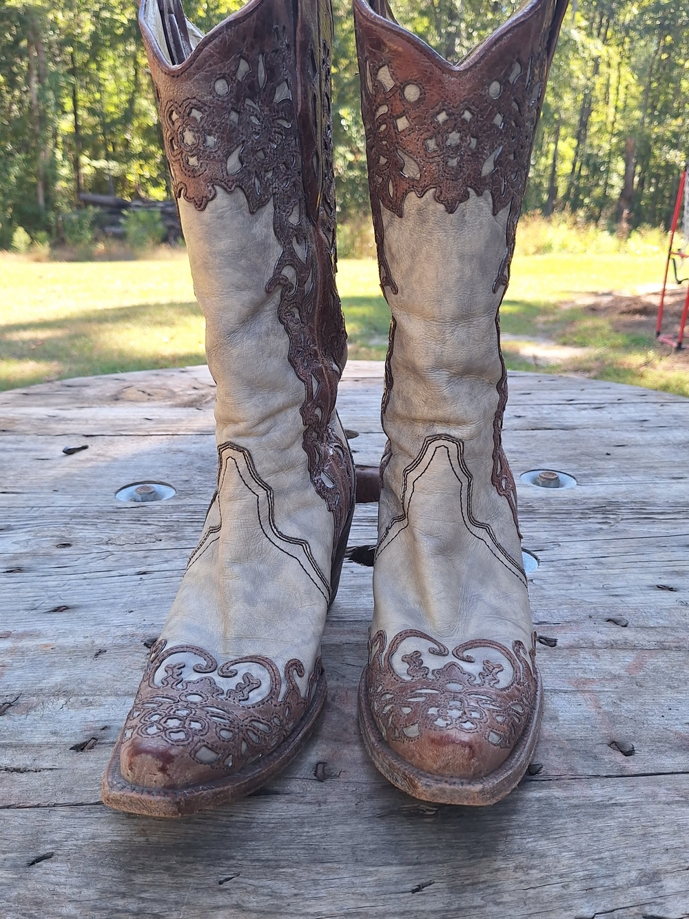 Women's Cream and Brown Embroidered Corral Boots